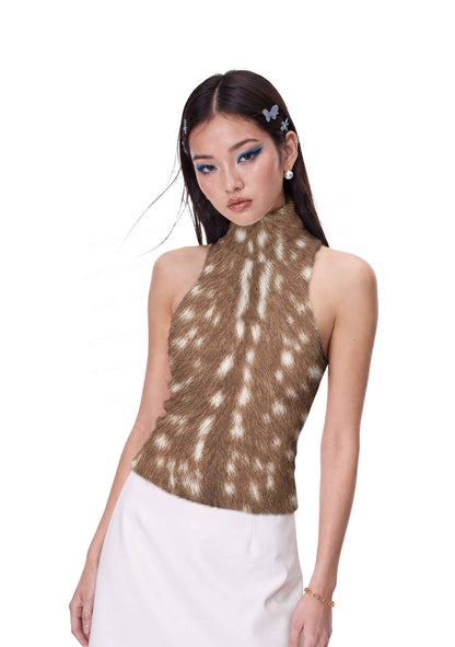 Brown Deer Dots Y2K Knit Turtleneck Tank Top Cherrykitten