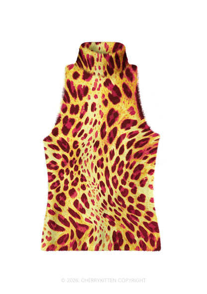 Yellow And Burgundy Leopard Y2K Knit Turtleneck Tank Top Cherrykitten