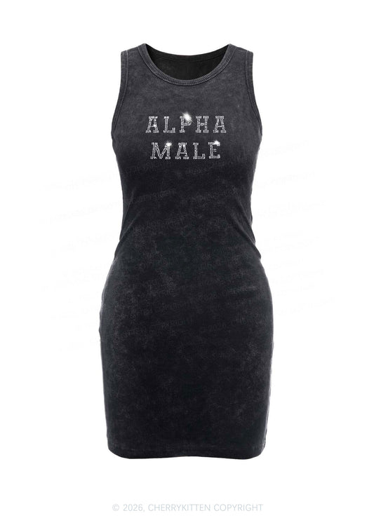 Rhinestone Alpha Male Y2K Washed Tank Dress Cherrykitten