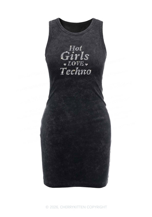 Rhinestone Hot Girls Love Techno Y2K Washed Tank Dress Cherrykitten