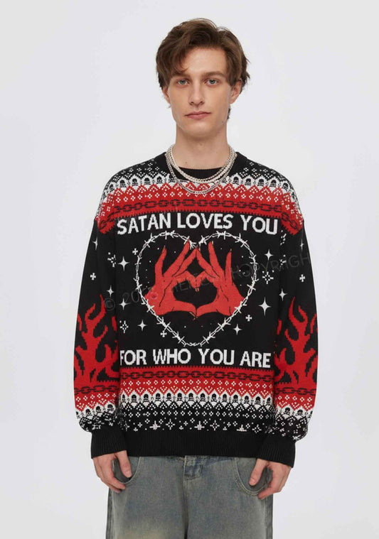 Halloween Satan Loves You Heart Y2K Christmas Knit Sweatshirt Cherrykitten