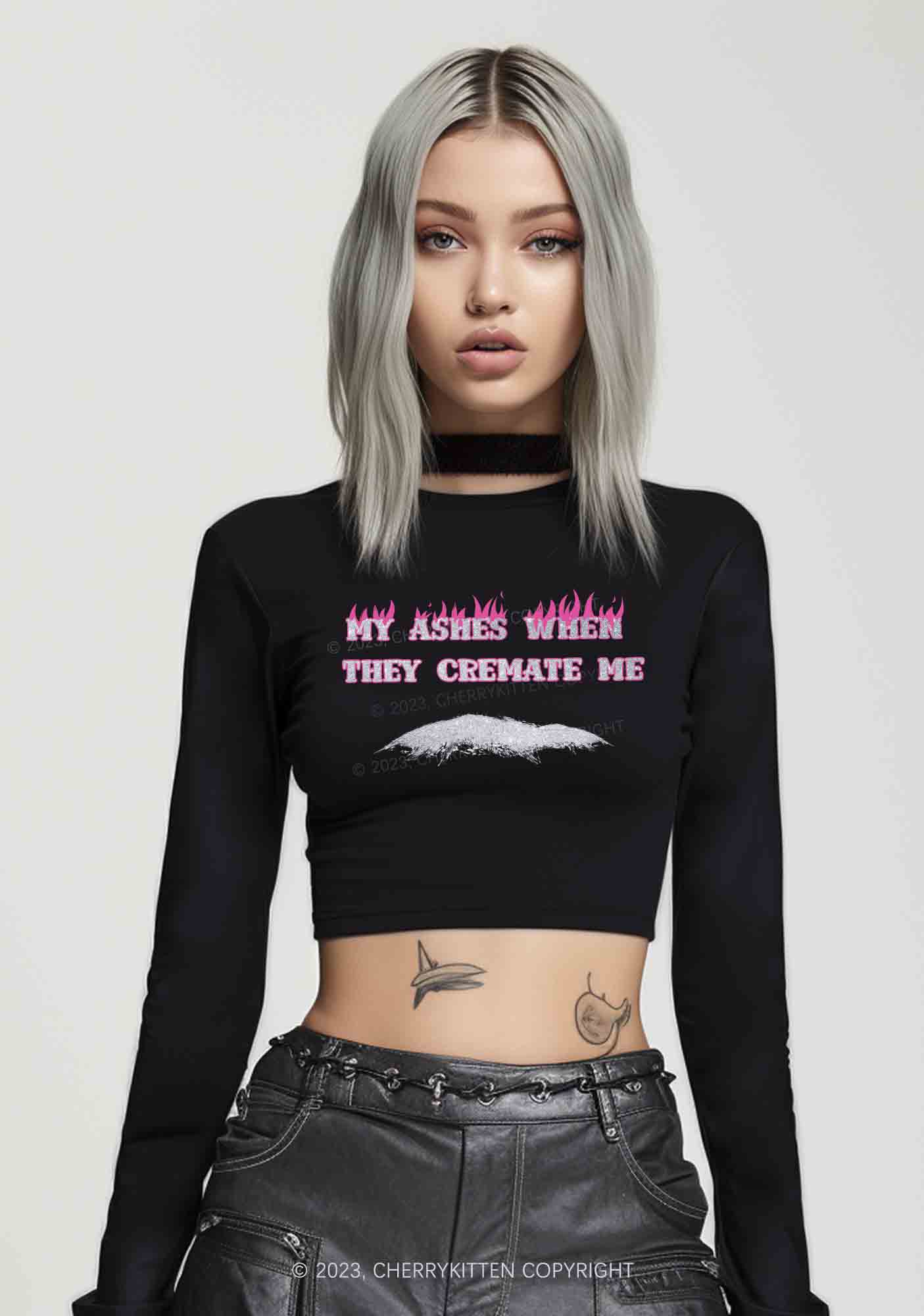 My Ashes Burn Long Sleeve Crop Top Cherrykitten