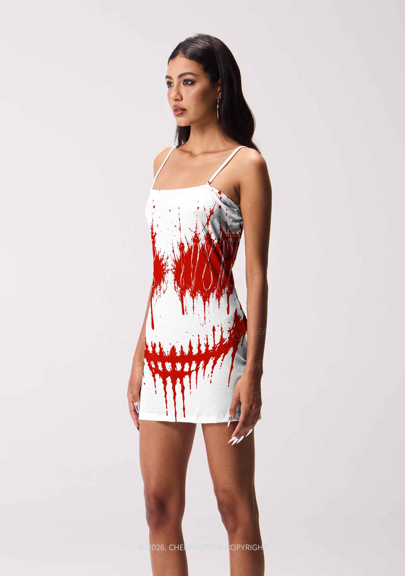 Halloween Blood Drip Face Y2K Print Slip Dress Cherrykitten
