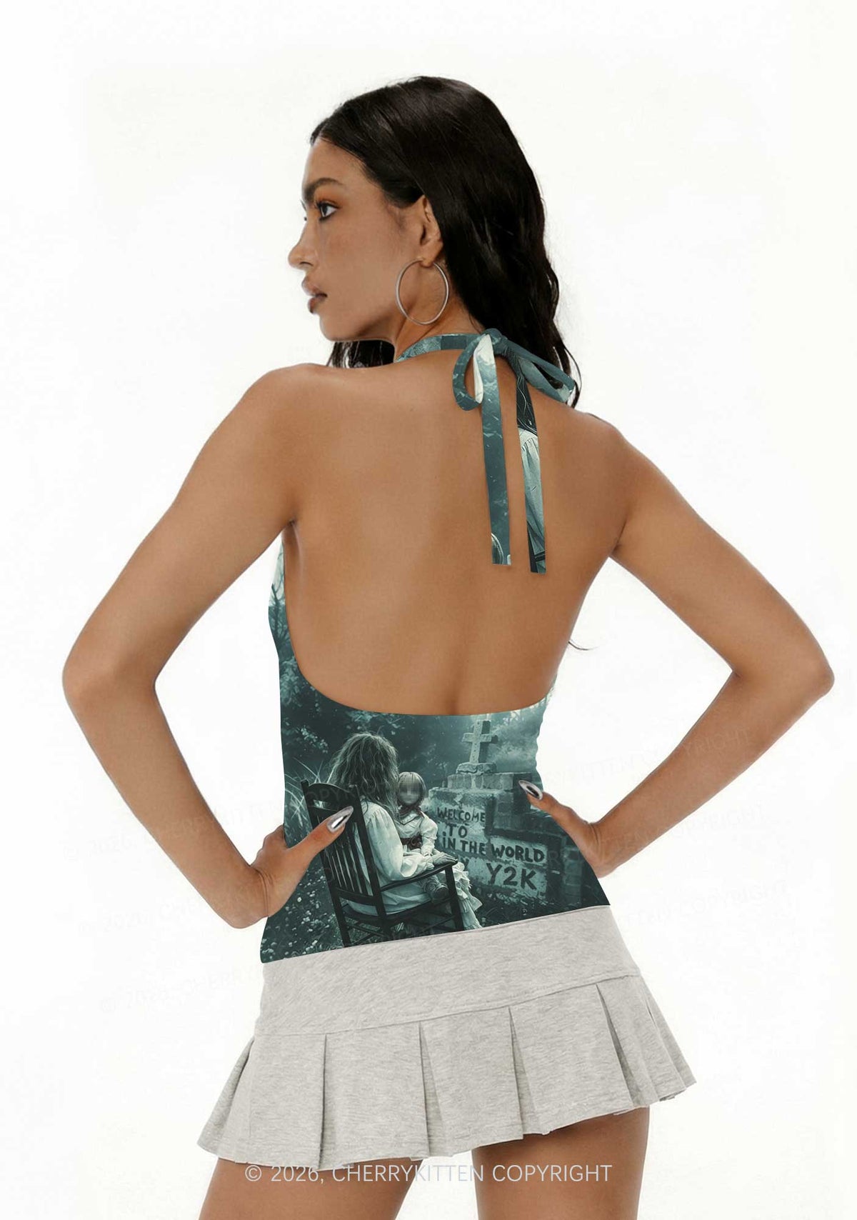 Halloween Graveyard Doll Y2K Print Halter Deep V Neck Cami Cherrykitten