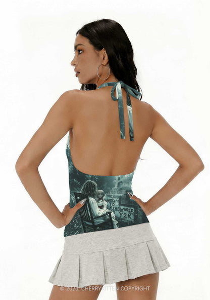 Halloween Graveyard Doll Y2K Print Halter Deep V Neck Cami Cherrykitten