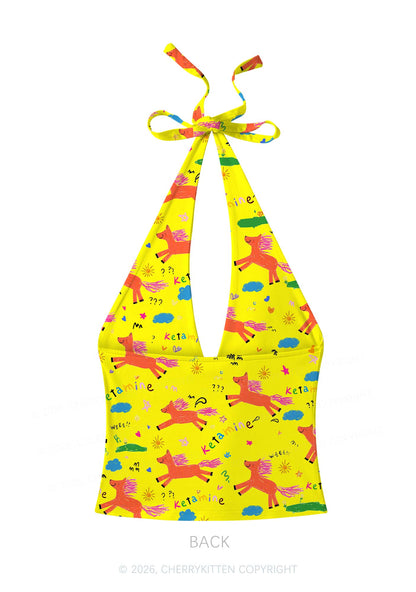 Orange Pony On Yellow Y2K Print Halter Deep V Neck Cami Cherrykitten