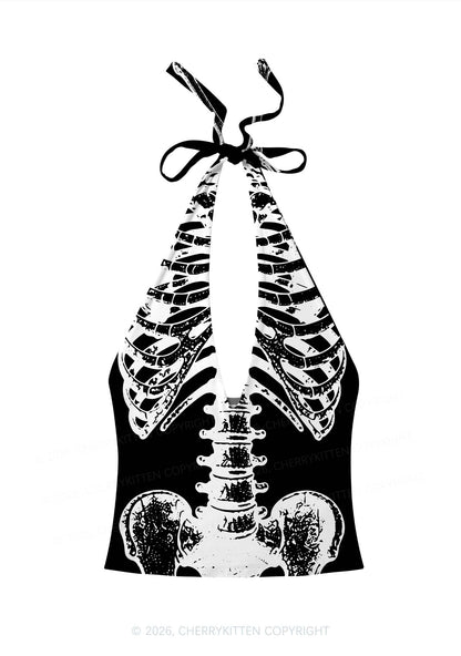 Halloween Anatomical Pelvis Y2K Print Halter Deep V Neck Cami Cherrykitten