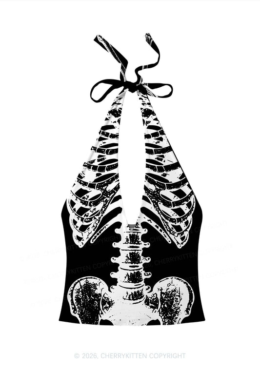 Halloween Anatomical Pelvis Y2K Print Halter Deep V Neck Cami Cherrykitten
