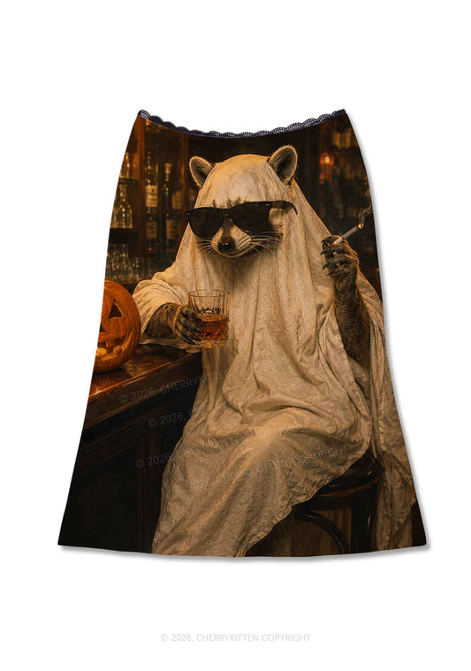 Halloween Ghost Raccoon Bar Y2K Print Midi Skirt Cherrykitten