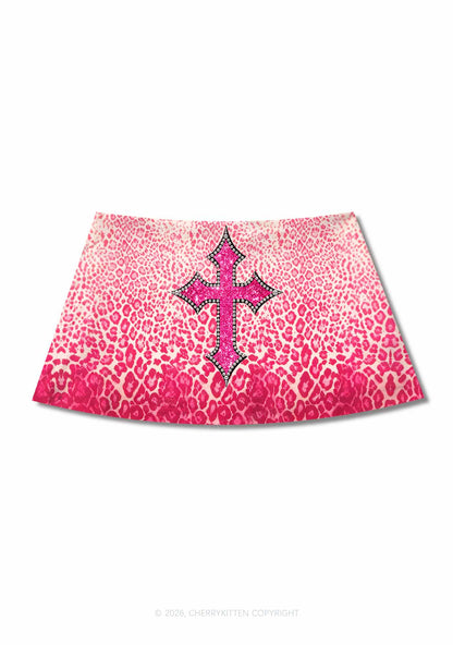 Halloween Pink Leopard Cross Y2K Print Mini Skirt Cherrykitten