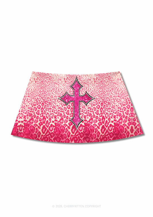 Halloween Pink Leopard Cross Y2K Print Mini Skirt Cherrykitten