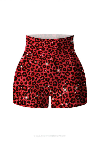 Bright Red Leopard Y2K Print Gym Shorts Cherrykitten