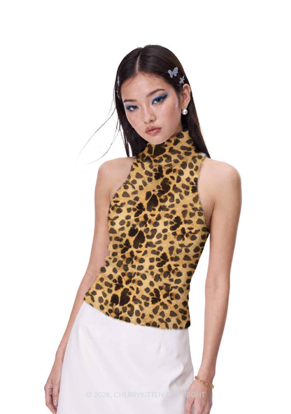 Classic Khaki Leopard Y2K Knit Turtleneck Tank Top Cherrykitten