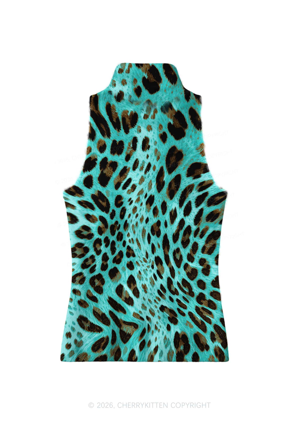 Mint Blue Leopard Y2K Knit Turtleneck Tank Top Cherrykitten