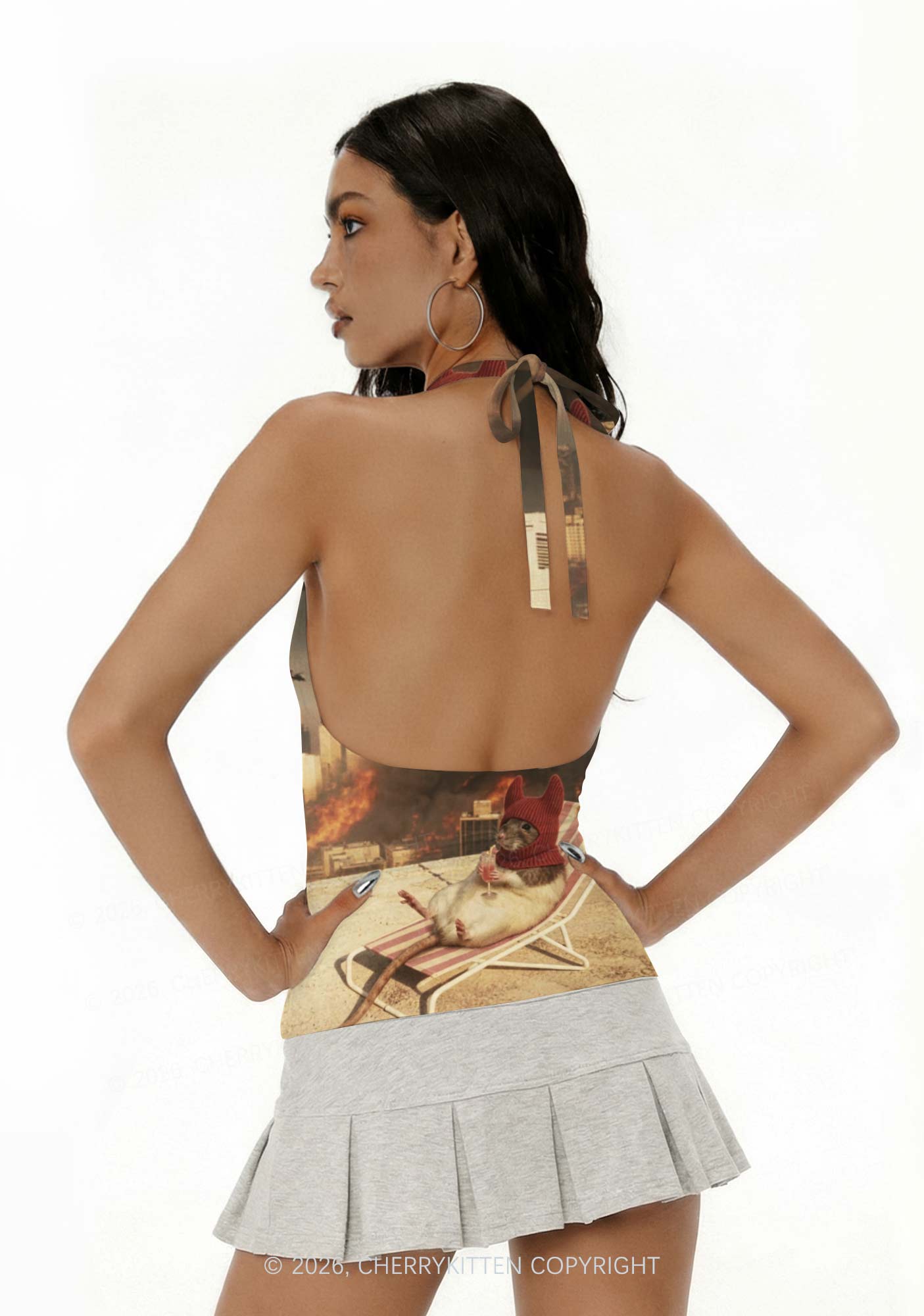 Halloween Fire City Devil Hat Rat Y2K Print Halter Deep V Neck Cami Cherrykitten