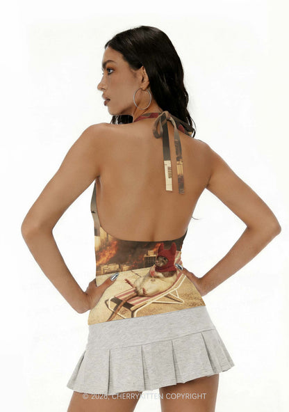 Halloween Fire City Devil Hat Rat Y2K Print Halter Deep V Neck Cami Cherrykitten