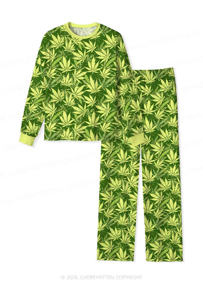 Green Wxxd Leaf Y2K Print Long Sleeve Pajama Set Cherrykitten