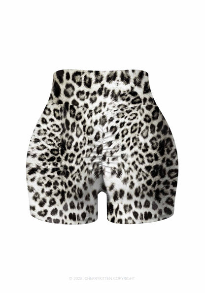 Snow Leopard Y2K Print Gym Shorts Cherrykitten