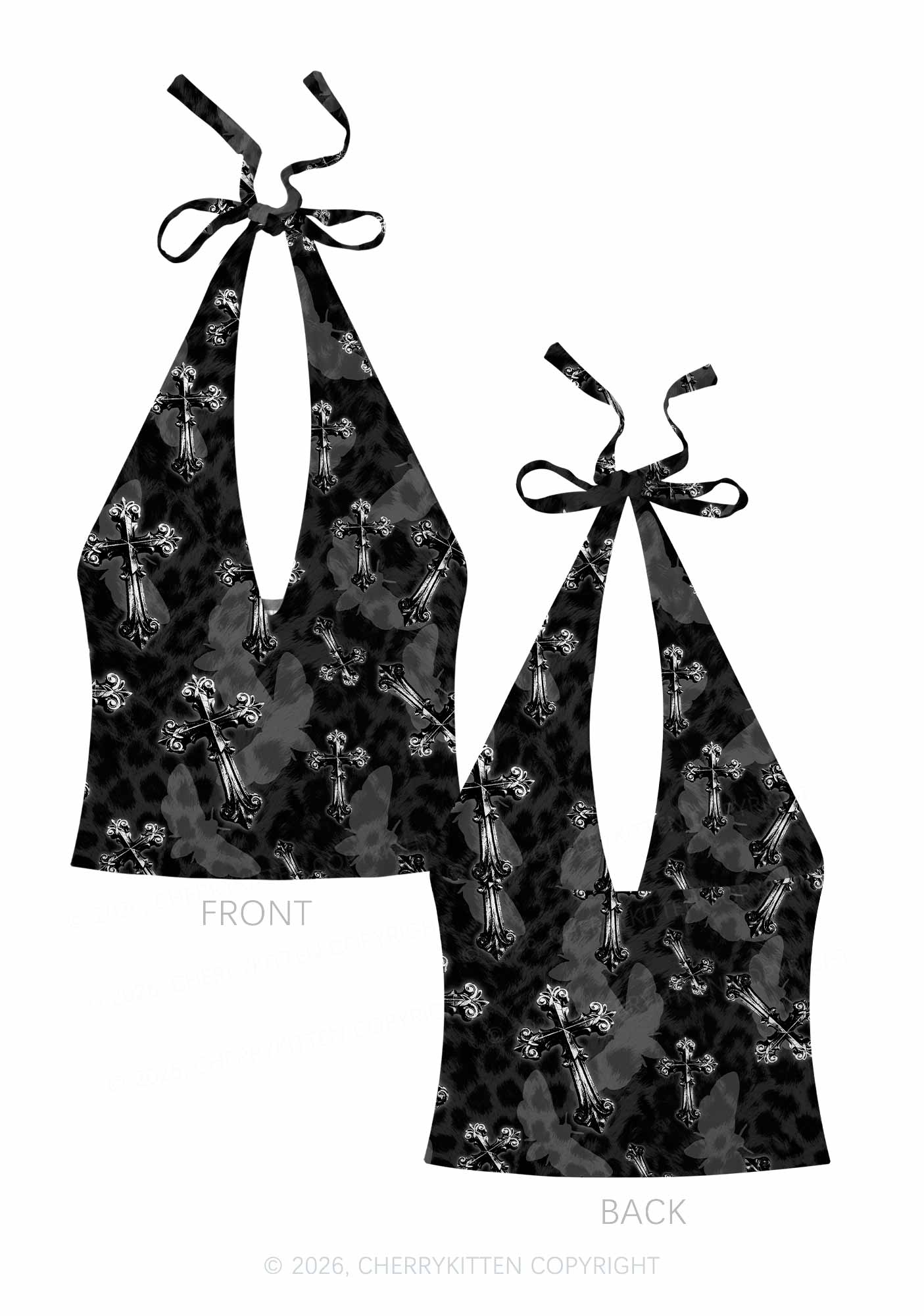 Halloween Gothic Cross Moth Leopard Y2K Print Halter Deep V Neck Cami Cherrykitten