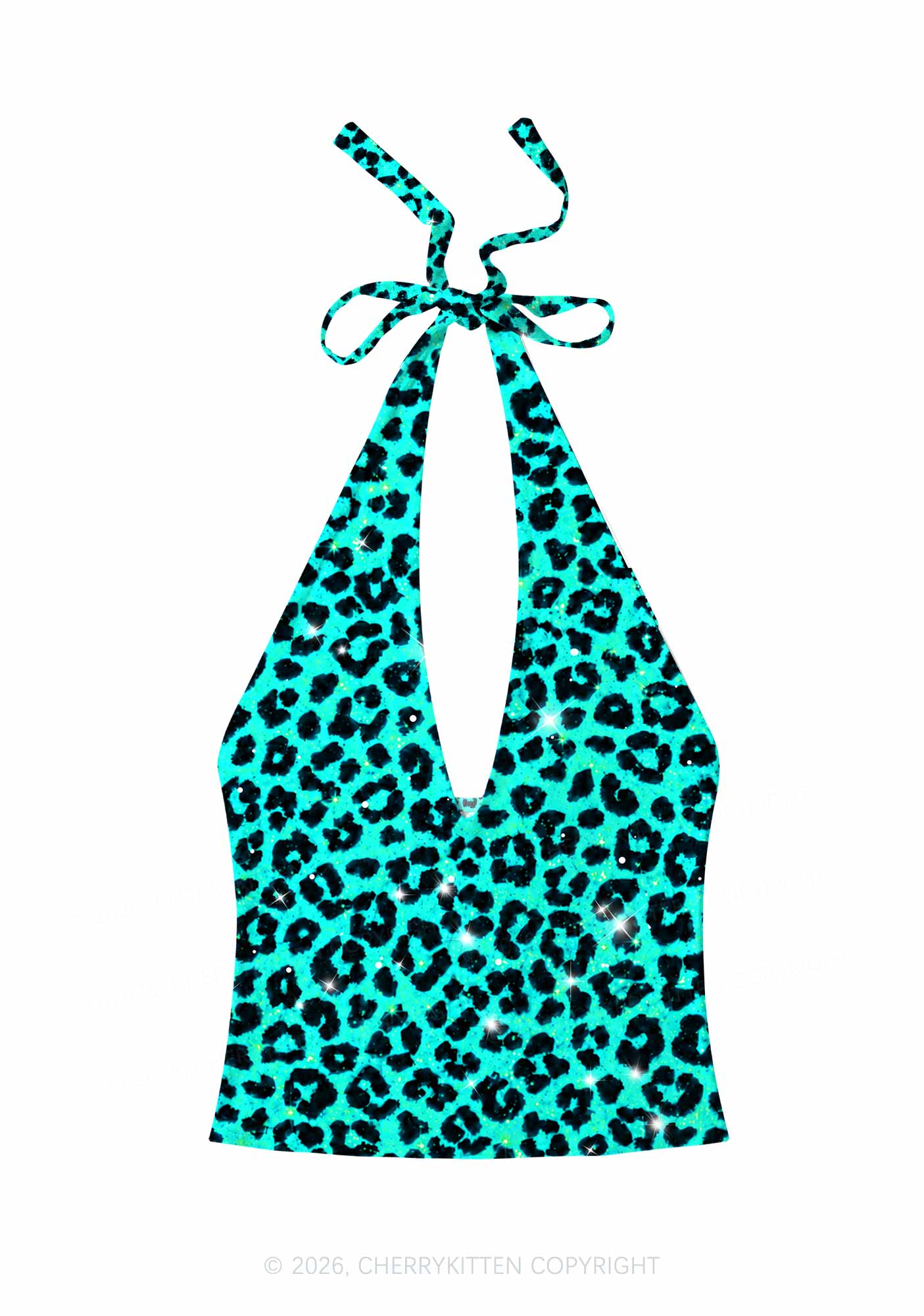 Turquoise Green Leopard Y2K Print Halter Deep V Neck Cami Cherrykitten