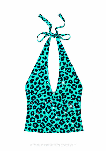 Turquoise Green Leopard Y2K Print Halter Deep V Neck Cami Cherrykitten
