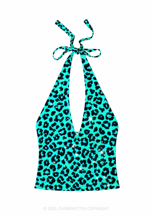 Turquoise Green Leopard Y2K Print Halter Deep V Neck Cami Cherrykitten