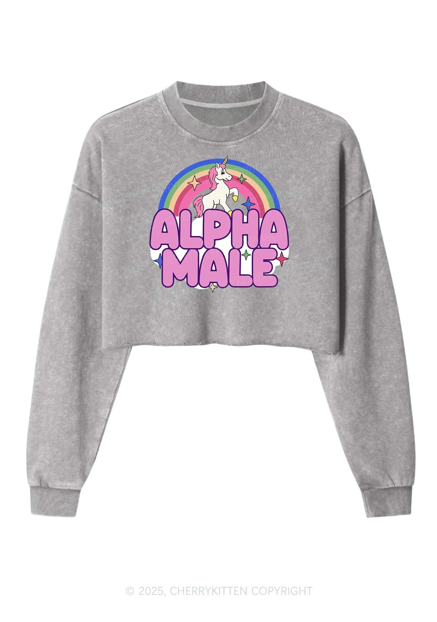 Rainbow Unicorn Alpha Male Y2K Crop Washed Sweatshirts Cherrykitten