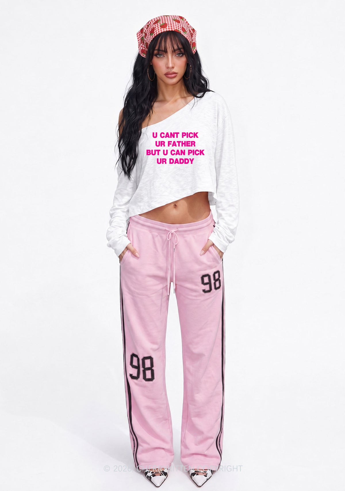 U Can Pick Ur Daddy Y2K Off Shoulder Long Sleeve Crop Top Cherrykitten