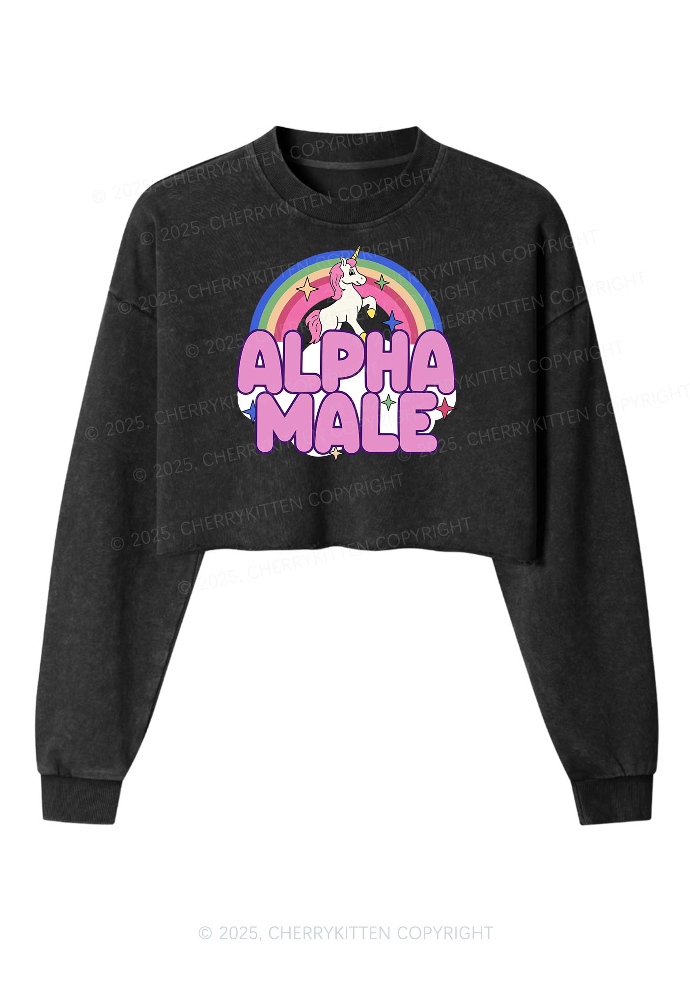 Rainbow Unicorn Alpha Male Y2K Crop Washed Sweatshirts Cherrykitten