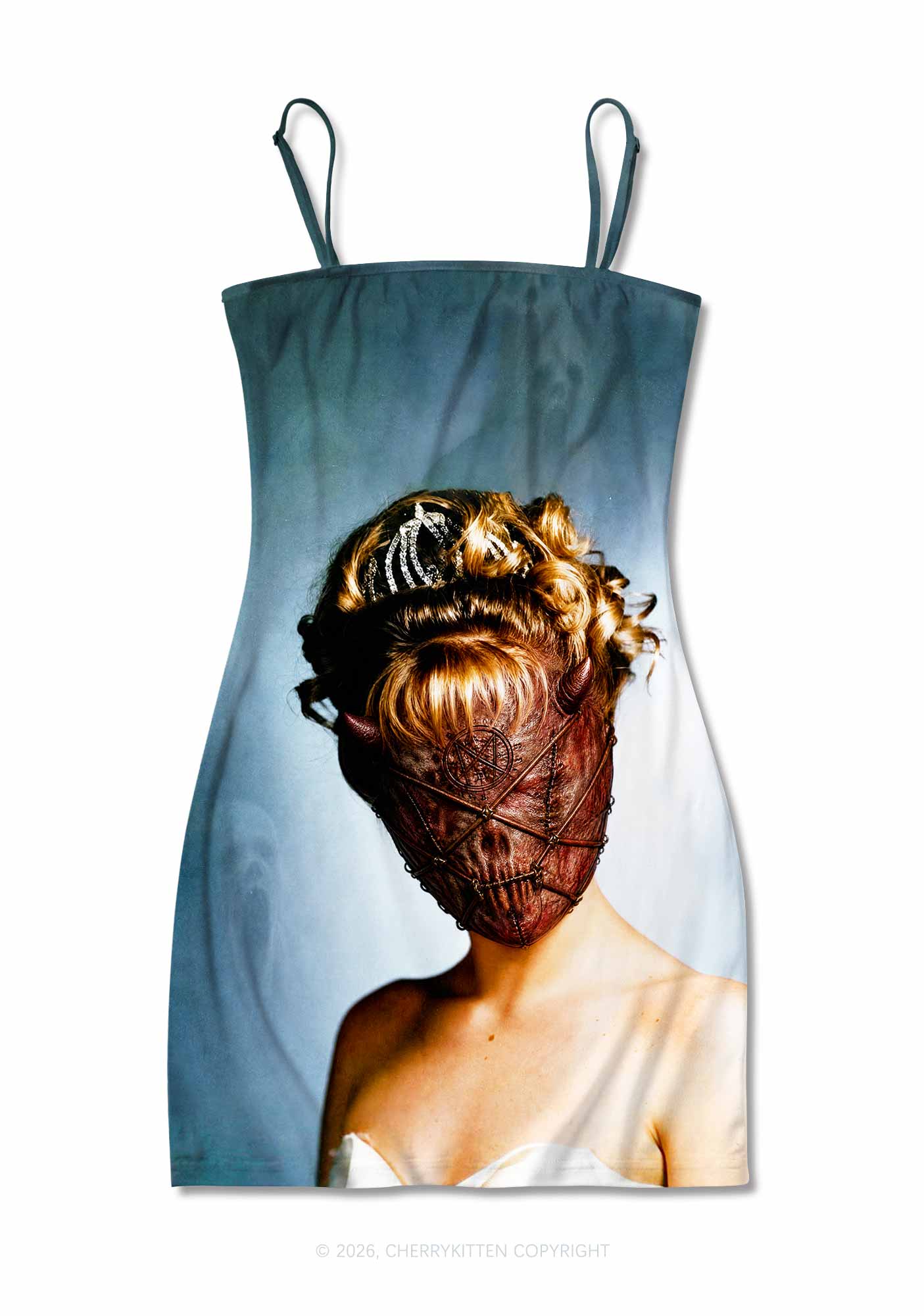 Halloween Demon Mask Woman Y2K Print Slip Dress Cherrykitten