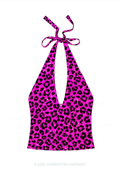 Hot Pink Leopard Y2K Print Halter Deep V Neck Cami Cherrykitten