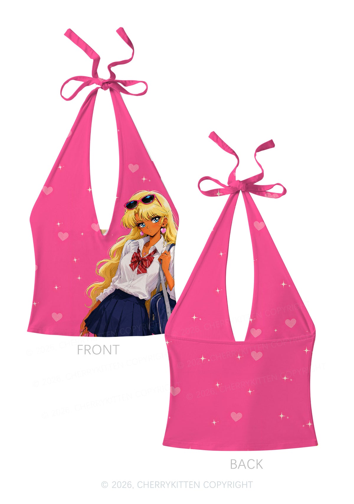 Anime Girl Y2K Print Halter Deep V Neck Cami Cherrykitten