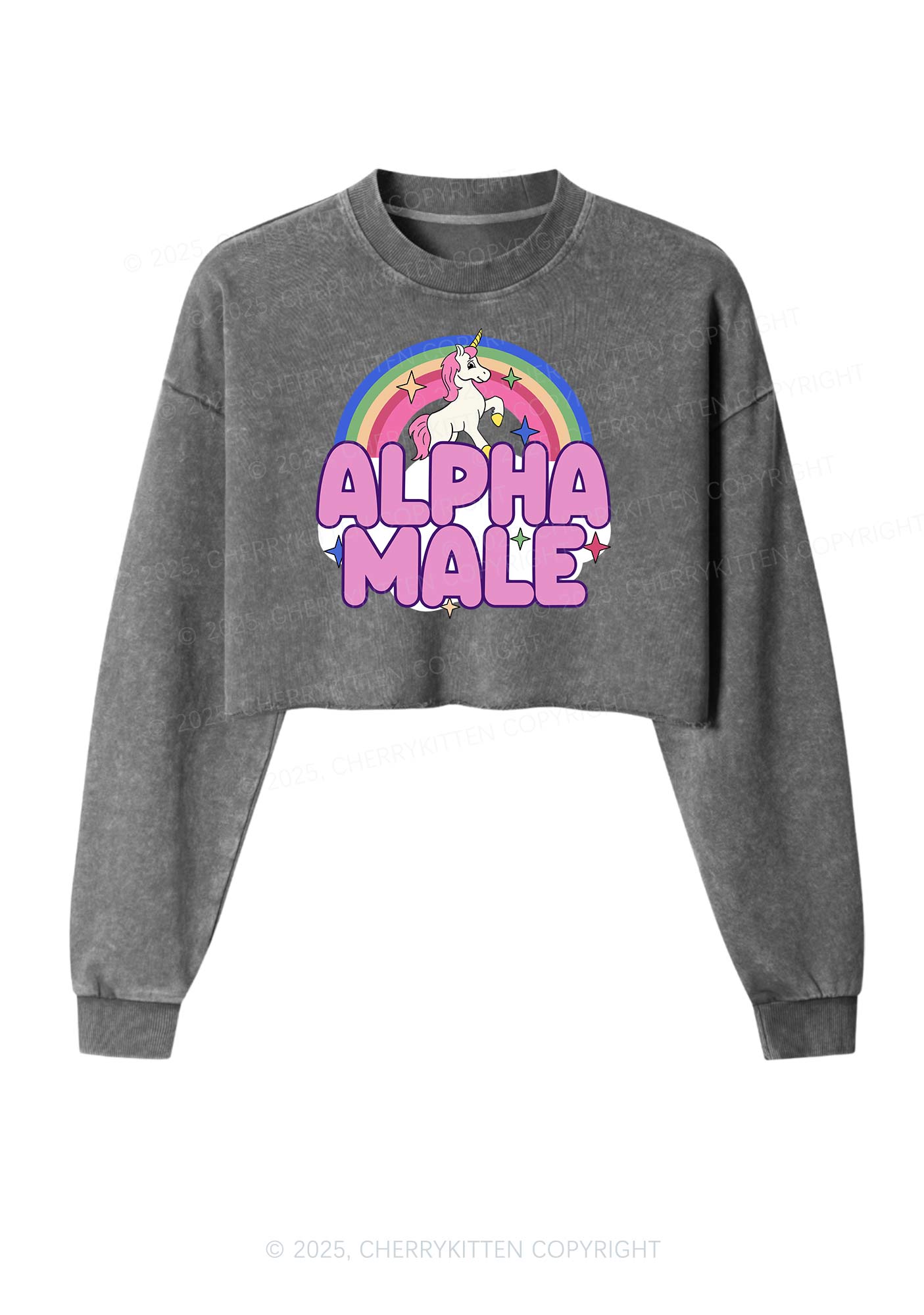 Rainbow Unicorn Alpha Male Y2K Crop Washed Sweatshirts Cherrykitten