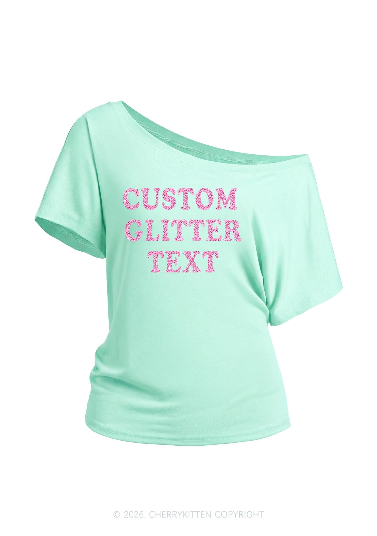 Custom Text Glitter Y2K Off Shoulder Tee Cherrykitten
