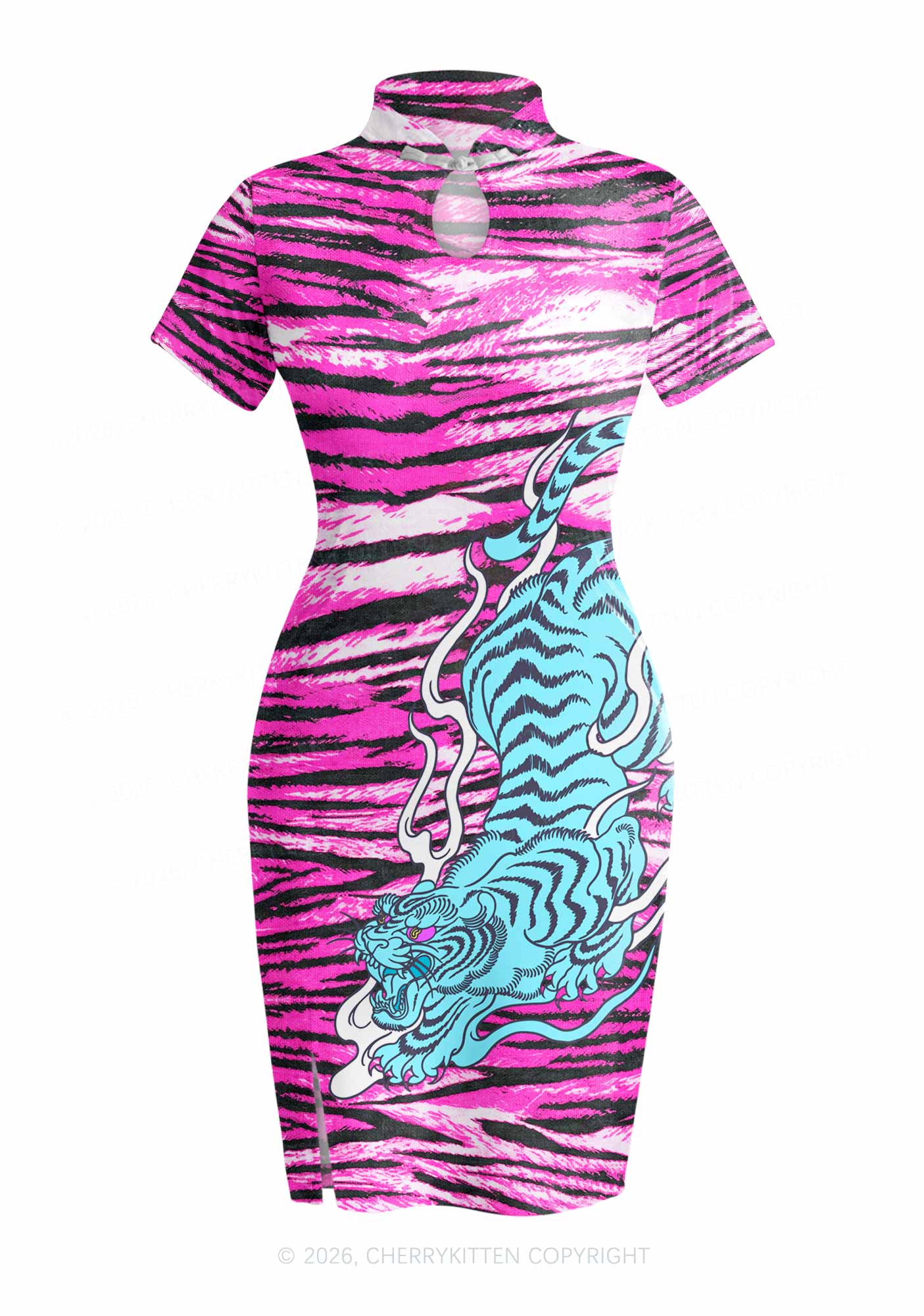 Blue Tiger Pink Zebra Stripe Y2K Cheongsam Mini Dress Cherrykitten