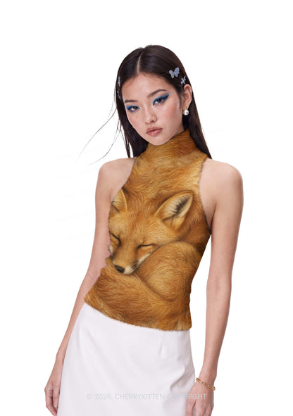 Sleeping Fox Y2K Knit Turtleneck Tank Top Cherrykitten