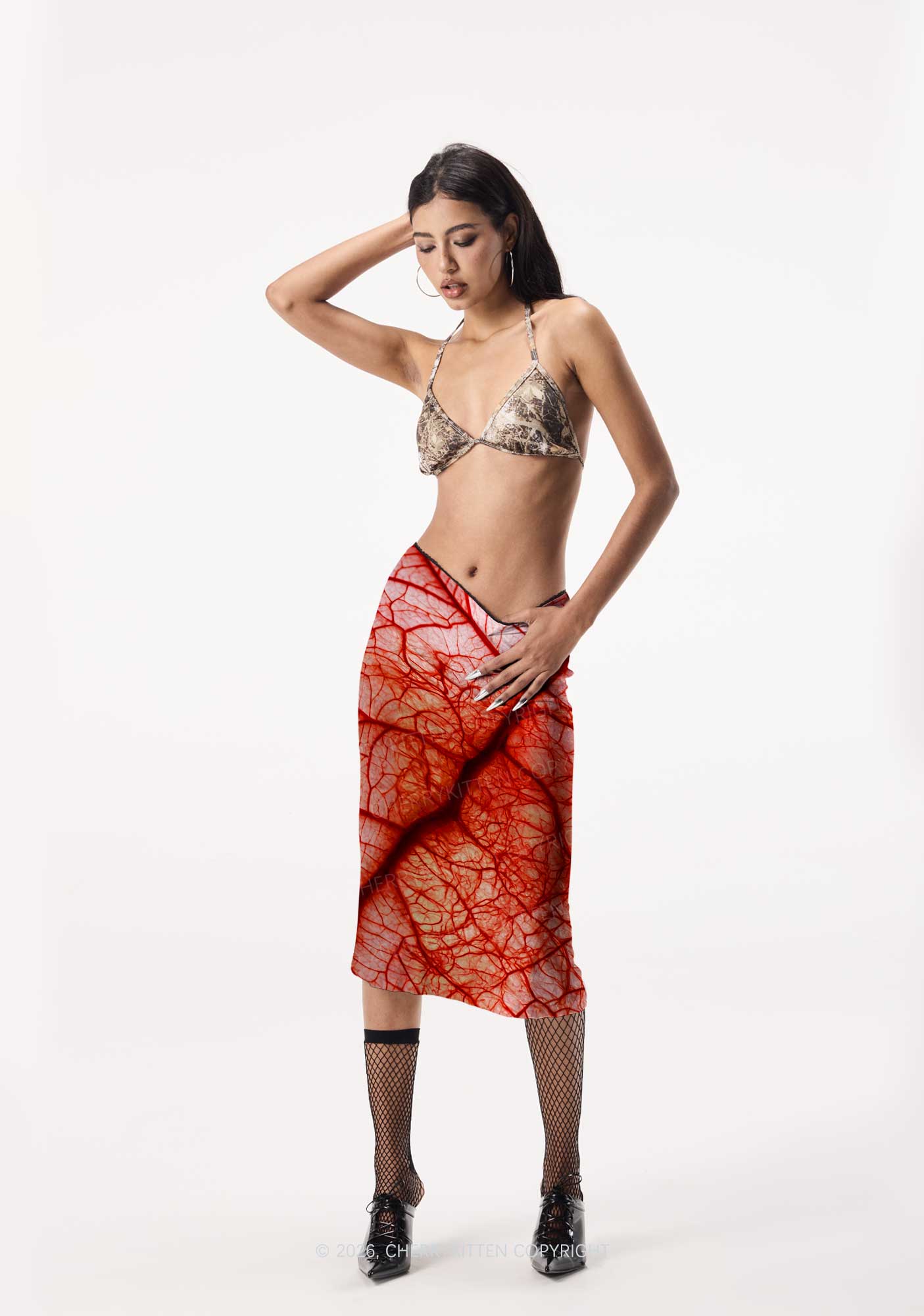 Halloween Red Blood Vessel Y2K Print Midi Skirt Cherrykitten