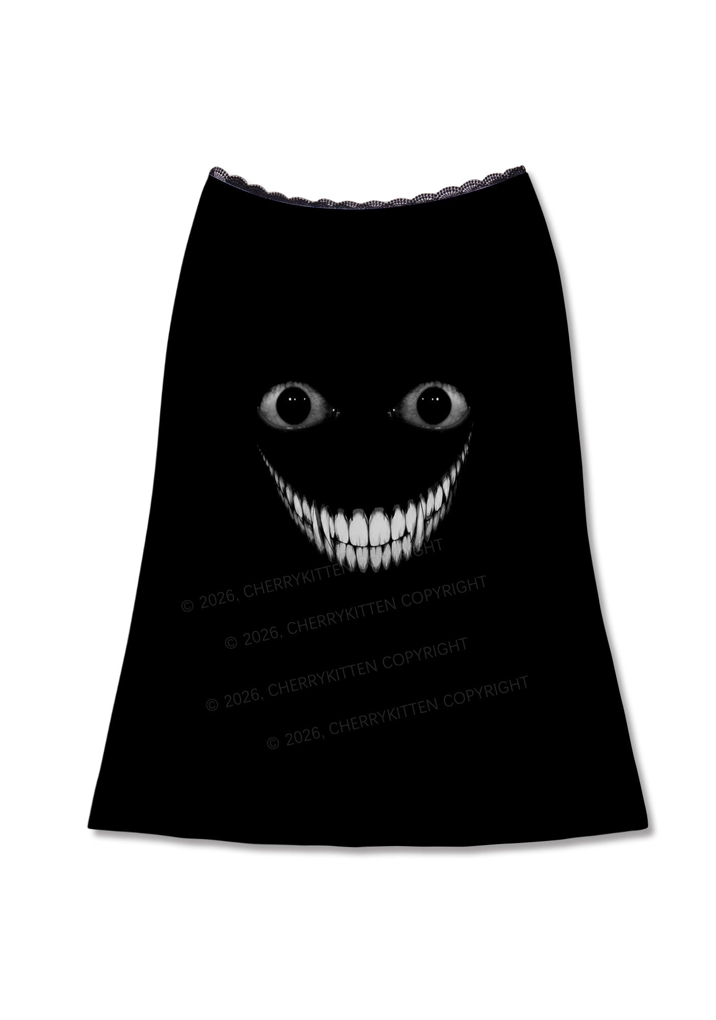 Halloween Black Creepy Grin Y2K Print Midi Skirt Cherrykitten