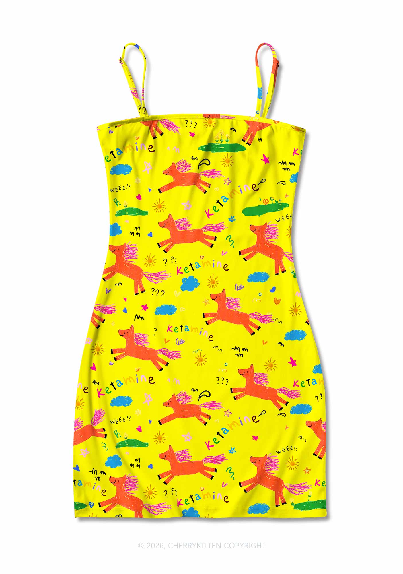 Orange Pony On Yellow Y2K Print Slip Dress Cherrykitten