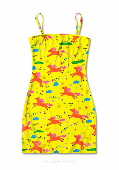 Orange Pony On Yellow Y2K Print Slip Dress Cherrykitten