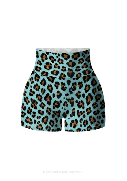 Mint Green Leopard Y2K Print Gym Shorts Cherrykitten