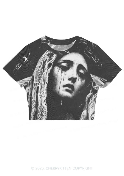 Halloween Weeping Veiled Woman Y2K Mesh Crop Top Cherrykitten