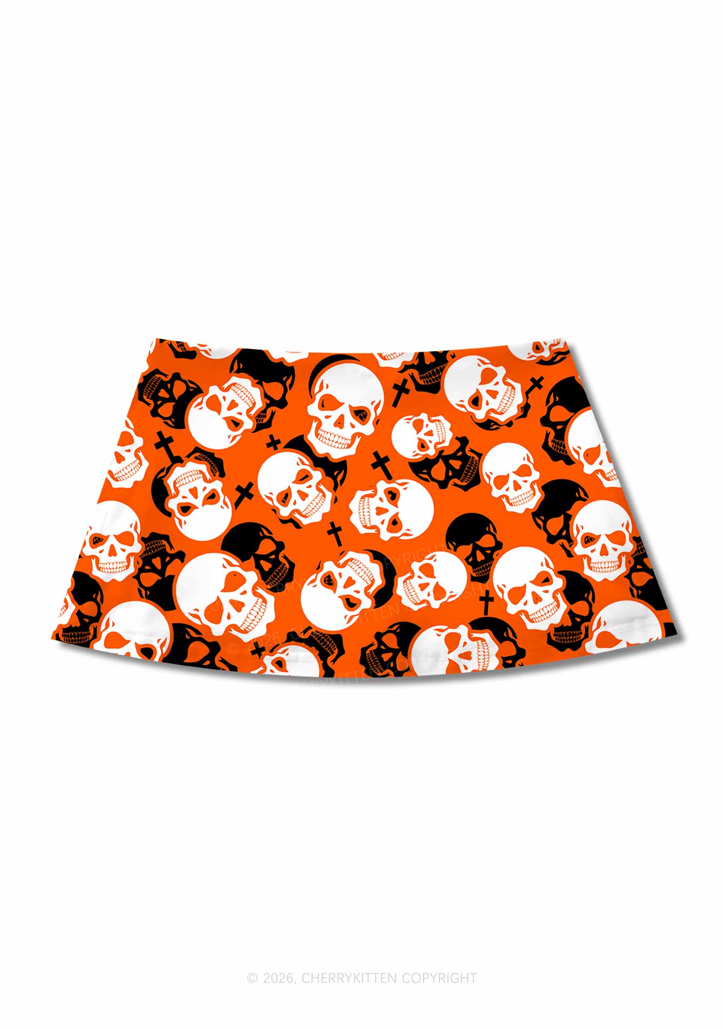 Halloween Orange Skull Cross Y2K Print Mini Skirt Cherrykitten