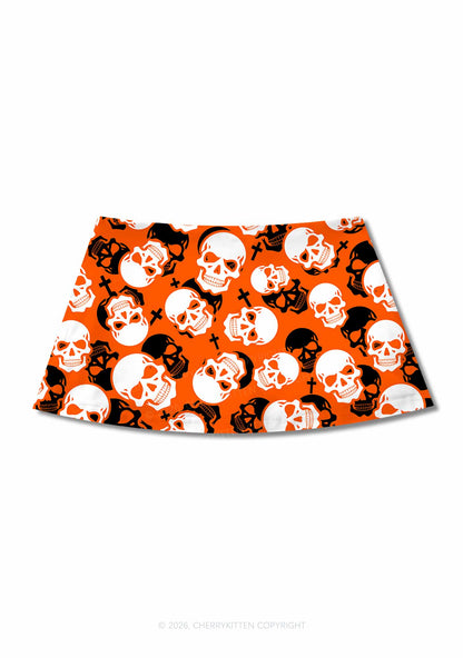Halloween Orange Skull Cross Y2K Print Mini Skirt Cherrykitten