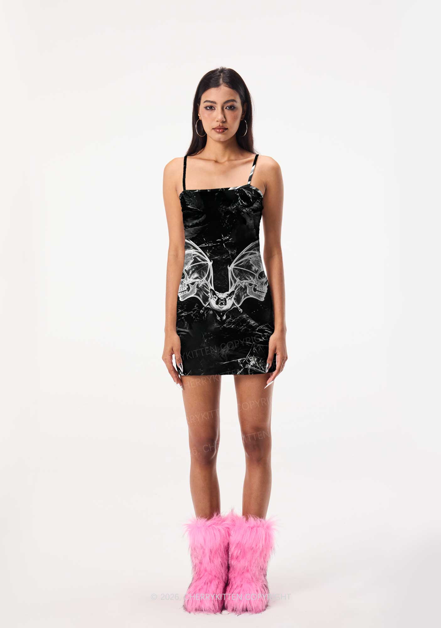 Halloween Bat Skeleton Wings Y2K Print Slip Dress Cherrykitten