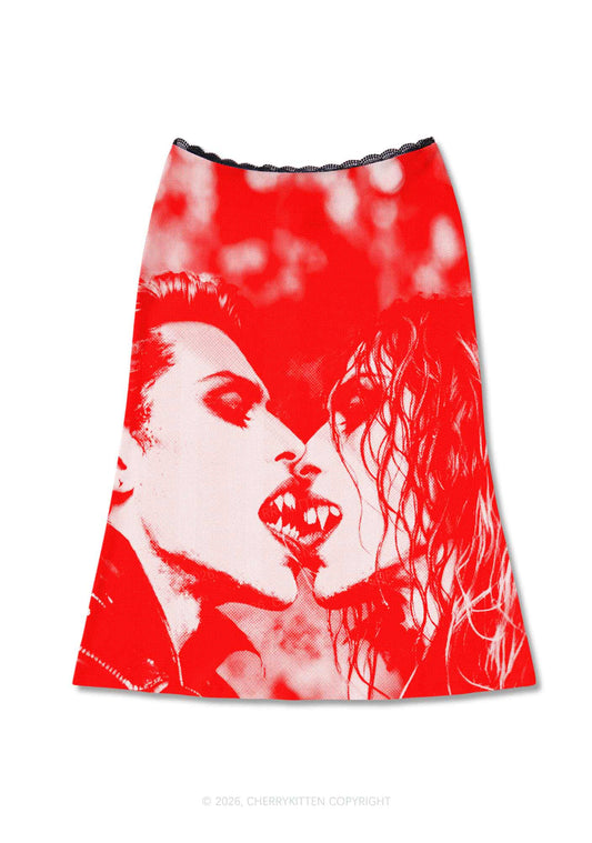 Halloween Red Pixels Vampire Couple Y2K Print Midi Skirt Cherrykitten