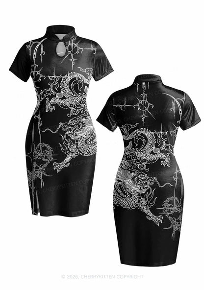 Halloween White Dragon On Black Y2K Cheongsam Mini Dress Cherrykitten