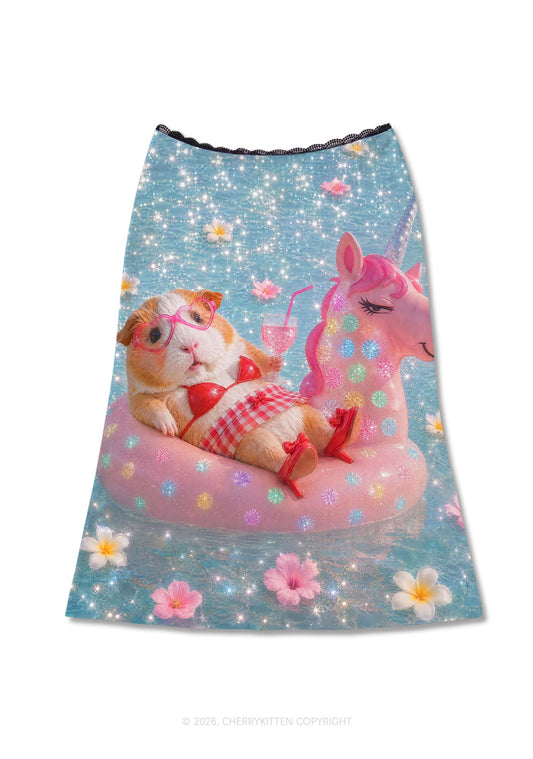 Guinea Pig On Unicorn Y2K Print Midi Skirt Cherrykitten