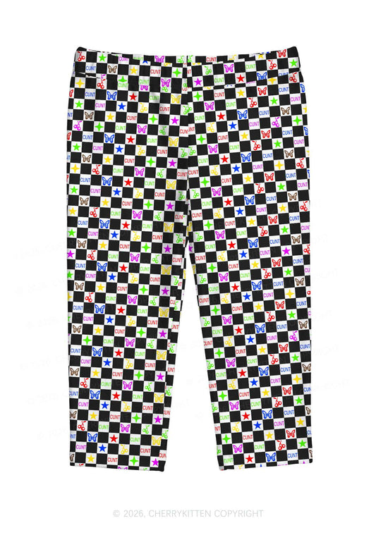 Black White Checkered Cxxt Y2K Print Capri Pants Cherrykitten