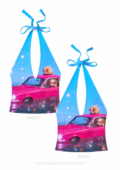 Two Guinea Pigs On Pink Car Y2K Print Halter Deep V Neck Cami Cherrykitten